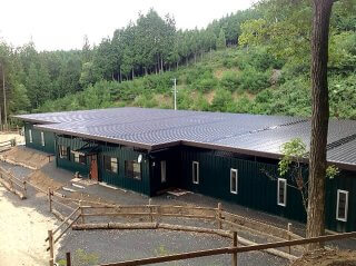 コンテナを使った馬の厩舎　全景　天井に太陽光発電